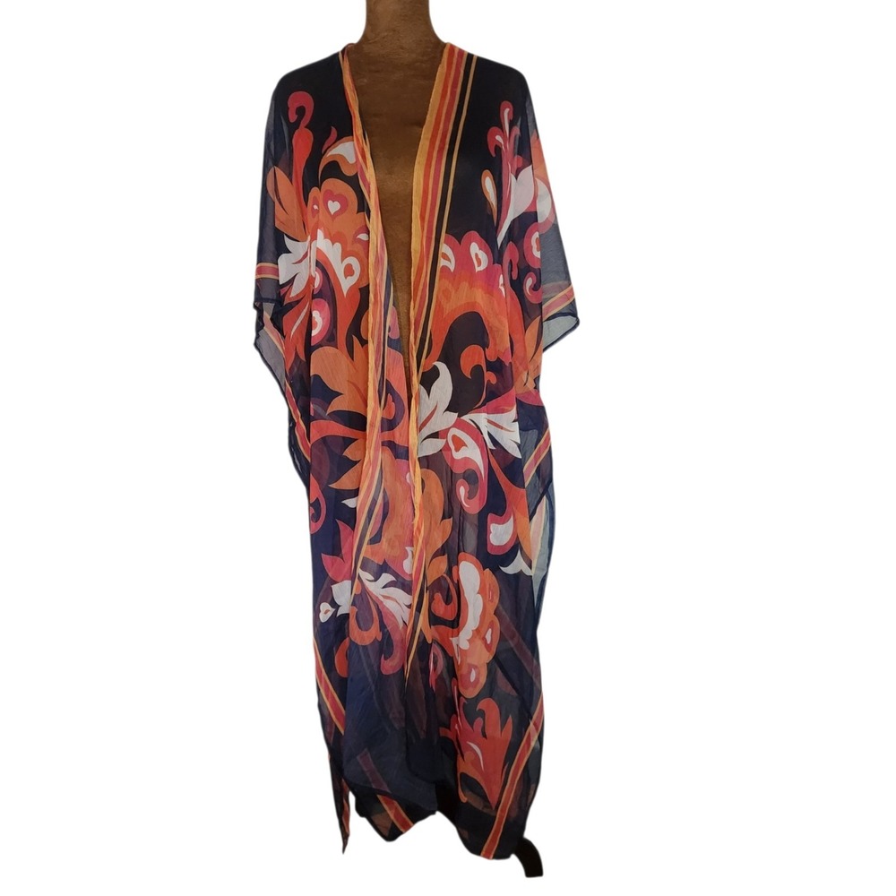 Womens Kimono Beach Cover Cruise One Size Sheer Flowy Lightweight Blue Orange